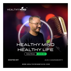 Podcast host with microphone and show title.