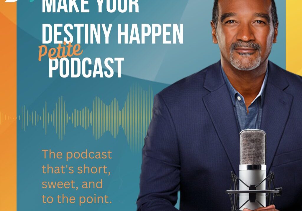 Man with microphone, podcast promotional image.